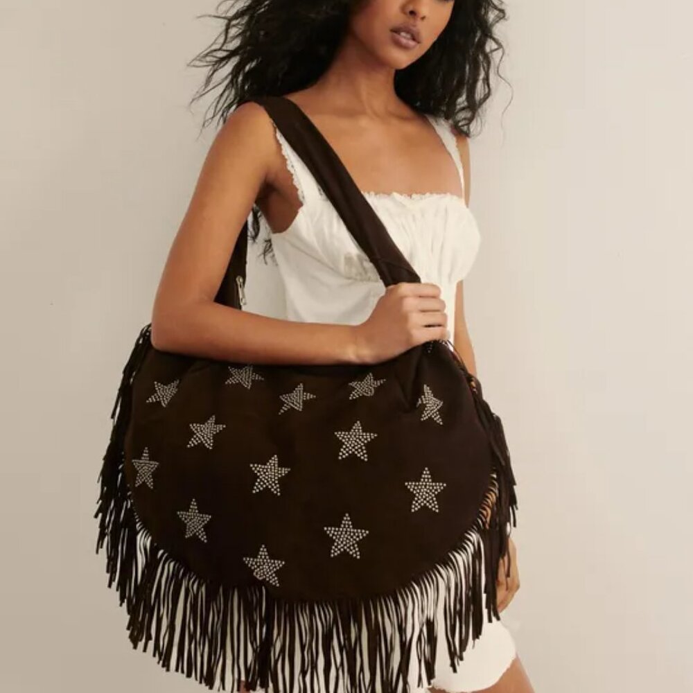 NastyGal Faux Leather Star Studded Fringe Day Bag | Brown | NWT